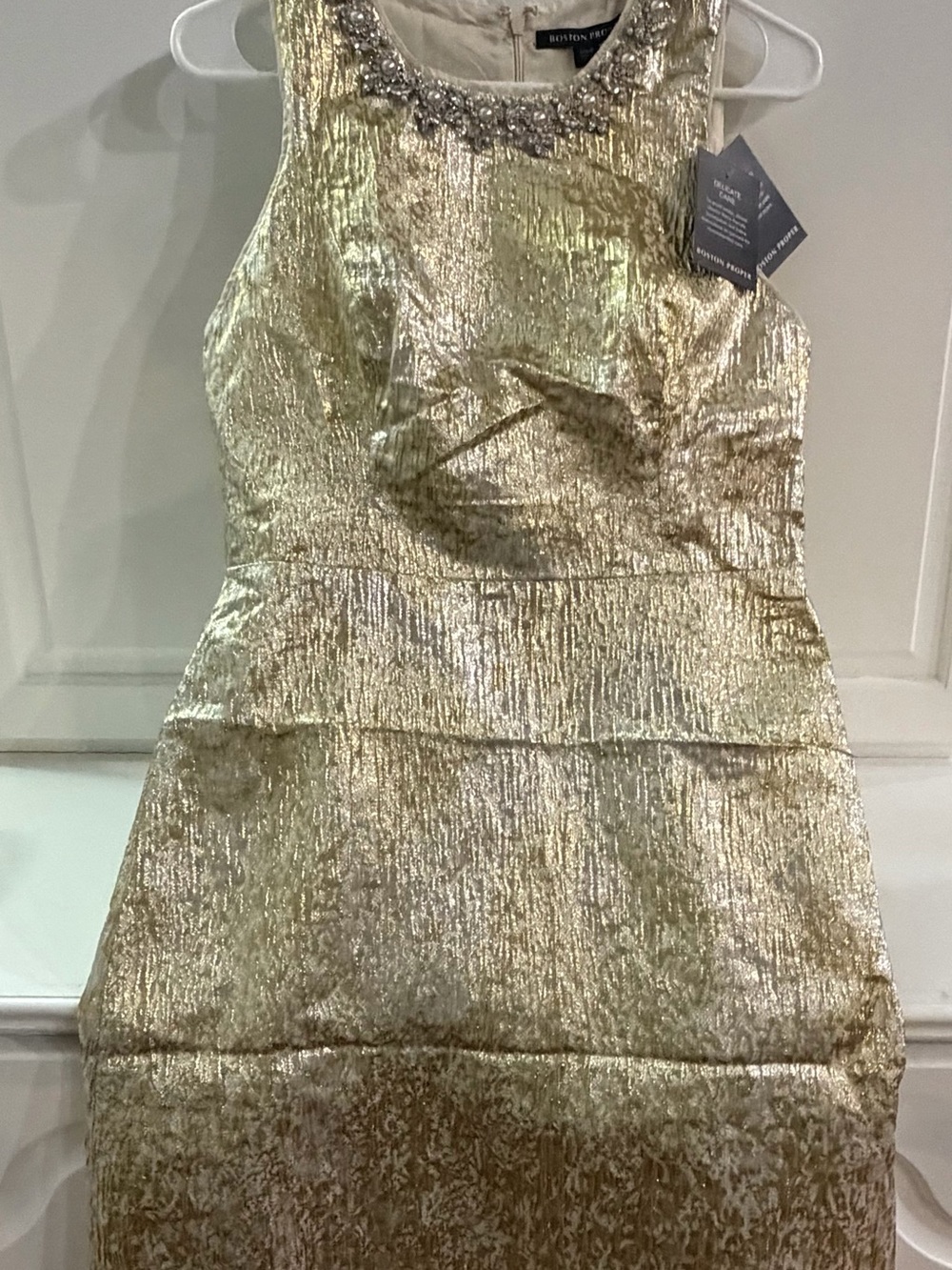 Boston Proper Metallic Gold Embellished Sheath Dress